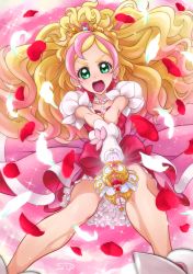 Rule 34 | 1girl, :o, blonde hair, bow, chocokin, cure flora, earrings, eyebrows, frills, go! princess precure, green eyes, haruno haruka, jewelry, long hair, magical girl, multicolored hair, open mouth, petals, pink background, pink bow, pink hair, pink skirt, precure, skirt, solo, streaked hair, thick eyebrows, two-tone hair, waist bow