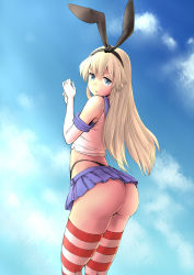 Rule 34 | 1girl, alternate eye color, ass, bare shoulders, black hairband, black panties, blonde hair, blue sky, blush, commentary request, crop top, day, dousunnen, elbow gloves, from behind, gloves, hair ornament, hairband, highres, huge ass, kantai collection, long hair, looking at viewer, miniskirt, open mouth, panties, school uniform, serafuku, shimakaze (kancolle), skirt, sky, solo, striped clothes, striped thighhighs, thick thighs, thighhighs, thighs, thong, underwear, white gloves