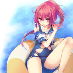 Rule 34 | 10s, 1girl, cameltoe, hair ribbon, i-168 (kancolle), innertube, kantai collection, minchi (lordofthemince), one-piece swimsuit, personification, ponytail, red hair, ribbon, school swimsuit, school uniform, serafuku, solo, swim ring, swimsuit, swimsuit under clothes, torn clothes, torn swimsuit