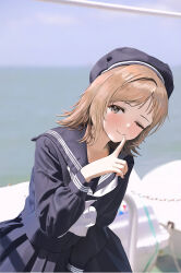 Rule 34 | 1girl, ;), absurdres, alternate costume, beret, blue hat, blue serafuku, blush, brown hair, commentary, finger to mouth, hat, highres, idolmaster, idolmaster shiny colors, long sleeves, looking at viewer, neckerchief, one eye closed, pdal (pdalhhh), pleated skirt, sakuragi mano, school uniform, serafuku, skirt, smile, solo, white neckerchief