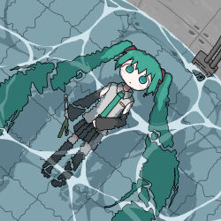 Rule 34 | 1girl, afloat, aqua eyes, aqua hair, aqua necktie, black skirt, black sleeves, blank stare, blue eyes, blue hair, blue necktie, boots, closed mouth, collared shirt, commentary, detached sleeves, emesan desu, empty eyes, expressionless, floating, floating hair, food, from above, full body, grey shirt, hair ornament, hand on own stomach, hatsune miku, headphones, headset, highres, holding, holding food, holding spring onion, holding vegetable, long hair, long sleeves, looking at viewer, lying, microphone, miku day, miniskirt, necktie, no pupils, on back, partially submerged, pleated skirt, pool, shirt, skirt, sleeveless, sleeveless shirt, solo, spring onion, staring, thigh boots, tie clip, tile floor, tiles, twintails, untucked shirt, vegetable, very long hair, vocaloid, water, wet, wide sleeves, wing collar