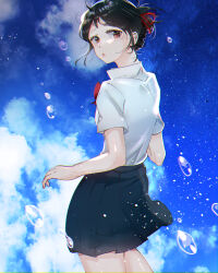 Rule 34 | 1girl, black hair, blue skirt, blue sky, bow, bowtie, brown eyes, chromatic aberration, cloud, collared shirt, commentary, cowboy shot, english commentary, hair ribbon, highres, kimi no na wa., light particles, looking at viewer, looking back, mixed-language commentary, miyamizu mitsuha, open mouth, pleated skirt, red bow, red bowtie, red ribbon, ribbon, school uniform, shirt, short hair, short sleeves, skirt, sky, solo, tora (chamssal), water drop, white shirt
