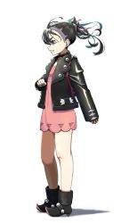 Rule 34 | 1girl, absurdres, ankle boots, backpack, bag, black choker, black footwear, black hair, black jacket, boots, choker, clenched hand, clenched teeth, commentary, creatures (company), dress, earrings, from side, full body, game freak, green eyes, hair ribbon, highres, jacket, jewelry, knees, kun (user tmwh7453), long sleeves, marnie (pokemon), nintendo, open clothes, open jacket, pink dress, pokemon, pokemon swsh, red bag, red ribbon, ribbon, solo, standing, teeth