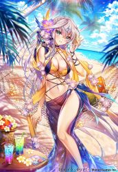 Rule 34 | 1girl, age of ishtaria, aqua nails, beach, bikini, blue sky, blush, braid, breasts, cleavage, collarbone, copyright name, copyright notice, cup, drink, drinking straw, enkar (age of ishtaria), flower, grey hair, hair flower, hair ornament, hammock, highres, holding, holding shell, horizon, large breasts, long hair, looking at viewer, munlu (wolupus), nail polish, navel, ocean, palm tree, parted lips, purple eyes, sarong, seashell, shell, sky, solo, swimsuit, tree