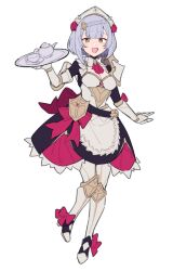 Rule 34 | 1girl, armor, armored dress, bow, braid, do m kaeru, flower, gauntlets, genshin impact, green eyes, grey hair, hair flower, hair ornament, looking at viewer, maid, maid headdress, noelle (genshin impact), red bow, red flower, red rose, rose, shoulder armor, solo, teapot, tray