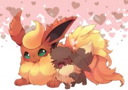 Rule 34 | :3, ^ ^, animal focus, blank eyes, blonde hair, blush, closed eyes, closed mouth, creatures (company), eevee, expressionless, flareon, fluffy, full body, fur collar, game freak, gen 1 pokemon, green eyes, happy, heart, heart background, highres, looking at viewer, lying, nintendo, no humans, nuzzle, on stomach, open mouth, orange outline, pokemon, pokemon (creature), shira (sirairo116), short hair, smile, sparkle, standing