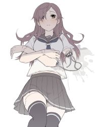 Rule 34 | 1girl, android girl (itou), black thighhighs, blue neckerchief, blush, brown eyes, closed mouth, detached arm, feet out of frame, grey sailor collar, grey skirt, hair over one eye, highres, holding own arm, itou (onsoku tassha), joints, long hair, looking at viewer, lying, neckerchief, oil, on back, original, pale color, pleated skirt, red hair, robot joints, sailor collar, school uniform, serafuku, shirt, short sleeves, skirt, solo, stain, swept bangs, tears, thighhighs, white shirt