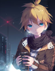 Rule 34 | 1boy, ahoge, backlighting, black scarf, blonde hair, blue eyes, blurry, brown jacket, can, canned coffee, depth of field, drink can, earmuffs, hair between eyes, highres, hmniao, holding, jacket, kagamine len, lens flare, long sleeves, looking at viewer, male focus, nail polish, night, night sky, open clothes, open jacket, outdoors, parted lips, scarf, shirt, short ponytail, sky, sleeves past wrists, smile, soda can, solo, striped clothes, striped shirt, upper body, vocaloid, yellow nails
