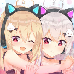 Rule 34 | 2girls, ;d, absurdres, ahoge, animal ear headphones, animal ears, bad id, bad pixiv id, bare arms, bare shoulders, bell, black bra, black choker, blonde hair, blush, bra, cat ear headphones, cat ears, cat lingerie, choker, closed mouth, collarbone, commentary request, fake animal ears, fang, frilled bra, frills, hair between eyes, hair ornament, headphones, heart, heart ahoge, highres, holding hands, interlocked fingers, jingle bell, jyt, looking at viewer, meme attire, multiple girls, neck bell, niliu chahui, one eye closed, open mouth, original, purple eyes, siblings, silver hair, sisters, smile, tokisaki asaba (niliu chahui), tokisaki mio (niliu chahui), twins, underwear, x hair ornament