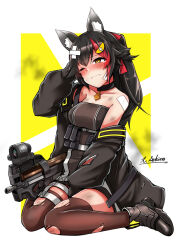 Rule 34 | ammunition pouch, animal ears, between legs, black hair, blush, boots, breasts, brown footwear, bullpup, closed mouth, collarbone, commission, cosplay, dirty, girls&#039; frontline, gun, hair ornament, hand between legs, hand up, highres, hololive, jacket, large breasts, long hair, long sleeves, multicolored hair, off shoulder, ookami mio, open clothes, open jacket, optical sight, p90, p90 (girls&#039; frontline), p90 (girls&#039; frontline) (cosplay), personal defense weapon, ponytail, pouch, sekino takehiro, signature, sitting, skeb commission, smoke, streaked hair, submachine gun, tearing up, torn clothes, virtual youtuber, wariza, weapon, wolf ears, yellow eyes