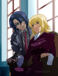 Rule 34 | 1boy, 1girl, artist name, ascot, athrun zala, blonde hair, blue hair, cagalli yula athha, couple, formal, fumiko (mesushi), green eyes, grey shirt, gundam, gundam seed, gundam seed freedom, hand on another&#039;s hand, indoors, looking at another, necktie, pant suit, pants, red necktie, shirt, short hair, sitting, suit, white ascot, yellow eyes