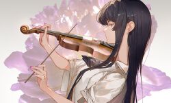 Rule 34 | 1girl, arknights, ascot, black ascot, black hair, bow (music), breasts, cello, closed mouth, collared jacket, commentary, expressionless, eyelashes, fingernails, from side, grey eyes, hair flowing over, hands up, highres, holding, holding bow (music), holding instrument, instrument, jacket, kuren kren, long hair, looking at viewer, looking to the side, music, nail polish, pink nails, playing instrument, profile, short-sleeved jacket, short sleeves, sideways glance, small breasts, solo, standing, straight hair, upper body, virtuosa (arknights), white jacket, wide sleeves, wing collar