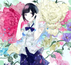 Rule 34 | 1girl, black hair, bow, flower, kunimura hakushi, original, purple eyes, school uniform, short hair, skirt, smile, solo, wind