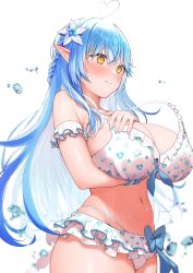 Rule 34 | 1girl, absurdres, ahoge, arm garter, arm under breasts, bare shoulders, bikini, bikini skirt, blue hair, blush, braid, breast hold, breast suppress, breasts, closed mouth, cowboy shot, flower, frilled bikini, frilled garter, frills, hair flower, hair ornament, half updo, hand on own chest, heart, heart ahoge, highres, hololive, huge breasts, large breasts, long hair, looking to the side, microskirt, multicolored hair, navel, norato, pointy ears, sidelocks, simple background, skindentation, skirt, solo, stomach, streaked hair, string bikini, swimsuit, untied bikini, virtual youtuber, wardrobe malfunction, water drop, wavy mouth, wet, white background, white flower, white skirt, yellow eyes, yukihana lamy
