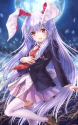 Rule 34 | 1girl, animal ears, black jacket, blush, breasts, brown footwear, buttons, collared shirt, crescent, crescent pin, floppy ears, frilled skirt, frills, full moon, goto p, hand on own chest, jacket, leg up, light purple hair, loafers, long hair, long sleeves, looking at viewer, miniskirt, moon, necktie, night, official art, open mouth, pink eyes, pink skirt, rabbit ears, red necktie, reisen udongein inaba, shirt, shoes, sidelocks, skirt, small breasts, smile, solo, star (sky), thighhighs, touhou, touhou cannonball, very long hair, wheat, wheat field, white shirt, white thighhighs