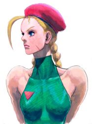 Rule 34 | 1990s (style), 1girl, ahoge, arms behind back, bare shoulders, beret, blonde hair, blue eyes, braid, breasts, cammy white, capcom, concept art, eyelashes, hat, huge ahoge, ikeno daigo, leotard, lips, long hair, official art, retro artstyle, scar, solo, street fighter, street fighter iv (series), twin braids, upper body