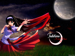 Rule 34 | 00s, 1girl, arm up, blood, blood on clothes, blood on hands, closed mouth, copyright name, crescent moon, field, finger to mouth, floating hair, grass, green eyes, hairband, highres, long hair, long skirt, looking at viewer, looking back, moon, outdoors, plant, purple shirt, red skirt, shingo (missing link), shirt, short sleeves, skirt, smile, solo, tohno akiha, tsukihime, tsurime, very long hair, wallpaper, white hairband, wind