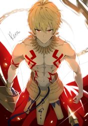 Rule 34 | 1boy, abs, armor, bad id, bad pixiv id, bare arms, blonde hair, chain, chest tattoo, closed mouth, cowboy shot, ea (fate/stay night), earrings, fate/stay night, fate (series), gilgamesh (fate), gloves, highres, hoshizaki reita, jewelry, lock, lock earrings, looking at viewer, male focus, navel, necklace, red eyes, serious, topless male, signature, simple background, single glove, solo, tattoo, white background