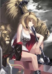 Rule 34 | 1girl, absurdres, animal ears, arknights, bare legs, black choker, black footwear, black jacket, blonde hair, boots, breasts, choker, cleavage, closed mouth, commentary, cross-laced footwear, eyelashes, fur-trimmed jacket, fur trim, grey sky, hammer, highres, jacket, knee up, lion, lion ears, lion tail, long hair, looking at viewer, medium breasts, mikiton, mouth hold, off shoulder, outdoors, ponytail, red shorts, short shorts, shorts, siege (arknights), sitting, sky, sledgehammer, solo, tail, tank top, thighs, white tank top, yellow eyes