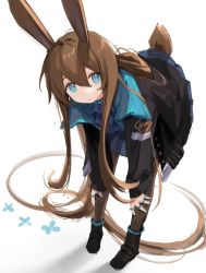 Rule 34 | 1girl, amiya (arknights), animal ears, arknights, ascot, bent over, black footwear, black jacket, black pantyhose, blue ascot, blue eyes, blue shirt, blue skirt, brown hair, fei (songyijie), hands on own legs, highres, infection monitor (arknights), jacket, jewelry, long hair, looking at viewer, multiple rings, pantyhose, plaid, plaid skirt, ponytail, rabbit ears, rabbit tail, ring, shirt, short hair with long locks, simple background, skirt, solo, tail, thumb ring, very long hair, white background