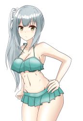 Rule 34 | 1girl, absurdres, alternate breast size, bikini, bikini skirt, breasts, brown eyes, cleavage, commentary request, cowboy shot, frilled bikini, frills, green bikini, grey hair, groin, hair ribbon, hand on own hip, highres, iminami sui, kantai collection, kasumi (kancolle), leaning forward, long hair, looking at viewer, medium breasts, aged up, ribbon, side ponytail, simple background, solo, swimsuit, white background, white ribbon