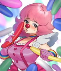 Rule 34 | 1girl, ace attorney, balloon, blush, breasts, choker, cleavage, clown, clown girl, clown nose, dress, embarrassed, frills, geiru toneido, gloves, highres, large breasts, lips, looking at viewer, makeup, medium hair, multicolored clothes, nek0galleta, oral, phallic symbol, phoenix wright: ace attorney - spirit of justice, pink dress, pink gloves, pink hair, sexually suggestive, simple background, simulated handjob, sleeveless, solo, suggestive, suspenders, sweat, what, white background