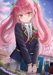 Rule 34 | 1boy, 2girls, black jacket, book, bow, breasts, building, cherry blossoms, commentary request, diagonal-striped clothes, diagonal-striped necktie, hair bow, highres, holding, holding book, jacket, kimura pikoriino, miniskirt, multiple girls, necktie, petals, pink eyes, pink hair, plaid, plaid bow, plaid skirt, school uniform, signature, skirt, small breasts, smile, solo focus, striped clothes, tensei-kun wa lolicon janai!, two side up, upper body