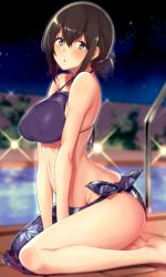 Rule 34 | 1girl, amano don, bad id, bad pixiv id, bare arms, bare legs, bare shoulders, barefoot, between legs, bikini, bikini skirt, blue eyes, blush, breasts, brown hair, collarbone, commentary request, covered erect nipples, from side, groin, hair between eyes, hair ornament, hair scrunchie, halterneck, hand between legs, hands on floor, idolmaster, idolmaster cinderella girls, large breasts, looking at viewer, night, night sky, open mouth, outdoors, parted lips, pink lips, ponytail, pool, pool ladder, poolside, purple bikini, purple skirt, sagisawa fumika, scrunchie, seiza, short hair, side slit, sidelocks, sitting, skirt, sky, solo, sparkle, star (sky), starry sky, swimsuit, tree, water