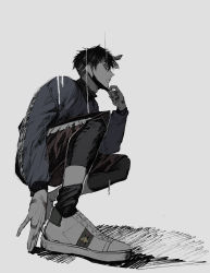 Rule 34 | 1boy, absurdres, bandaid, bandaid on hand, bandana, bishounen, black hair, from below, from side, grey background, hand up, highres, looking to the side, male focus, mask, unworn mask, monochrome, nea (nongta2002), original, shoes, short hair, simple background, solo, squatting, white background