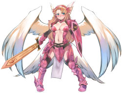 Rule 34 | 1girl, aqua eyes, armor, blush, breasts, center opening, hairband, head wings, large breasts, loincloth, long hair, minerva (p&amp;d), multiple wings, navel, orange hair, pelvic curtain, puzzle &amp; dragons, shield, solo, sword, tama1130, weapon, wings