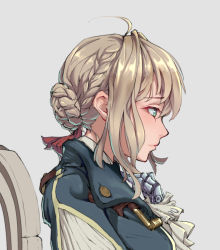 Rule 34 | 10s, 1girl, blonde hair, blue eyes, blue jacket, braid, braided bun, brooch, chair, di yi xing zian, dress, from side, hair between eyes, hair bun, hair intakes, hair ribbon, hand on own chest, jacket, jewelry, long sleeves, mechanical hands, profile, prosthesis, prosthetic arm, prosthetic hand, red ribbon, ribbon, sitting, solo, upper body, violet evergarden, violet evergarden (series)