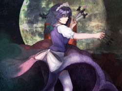 Rule 34 | 1girl, apron, ashes, bad id, bad pixiv id, between fingers, bow, braid, from side, full moon, green bow, hair bow, holding, holding weapon, izayoi sakuya, knife, maid headdress, moon, night, night sky, pink lips, purple eyes, revision, scroll lock (scrool5), short hair, short sleeves, silver hair, sky, smoke, solo, standing, thighhighs, throwing knife, touhou, twin braids, upskirt, waist apron, weapon, white thighhighs, wind