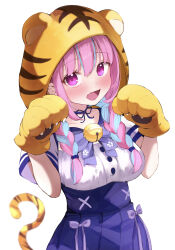 Rule 34 | 1girl, absurdres, animal hands, animal hood, bell, blue bow, blue hair, bow, braid, chinese zodiac, dress, fake claws, fake tail, fang, hair between eyes, highres, hitsujisnow, hololive, hood, jingle bell, looking at viewer, maid, minato aqua, minato aqua (sailor), multicolored hair, new year, open mouth, paw pose, pink eyes, pink hair, simple background, skin fang, smile, solo, streaked hair, tail, tiger, tiger hood, tiger tail, twin braids, upper body, virtual youtuber, white background, year of the tiger
