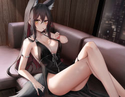 Rule 34 | 1girl, animal ear fluff, animal ears, arknights, armlet, bare arms, bare legs, bare shoulders, black dress, black hair, breasts, cleavage, cocktail dress, colored inner hair, couch, crossed legs, dress, earrings, extra ears, food, hair between eyes, halter dress, halterneck, jewelry, knees up, large breasts, long hair, looking at viewer, mouth hold, multicolored hair, nail polish, no bra, no panties, on couch, paid reward available, pelvic curtain, pocky, reclining, red nails, ru zhai, sidelocks, skindentation, sleeveless, sleeveless dress, solo, tail, texas (arknights), thigh strap, thighs, very long hair, wolf ears, wolf girl, wolf tail, yellow eyes