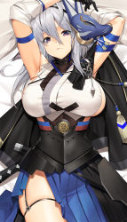 Rule 34 | 1girl, animal ears, armpits, arms behind head, azur lane, bed sheet, black gloves, breasts, closed mouth, detached sleeves, fox ears, fox mask, garter straps, gloves, hair between eyes, japanese clothes, kimono, large breasts, long hair, long sleeves, looking at viewer, lying, mask, mask on head, on back, purple eyes, silver hair, solo, thigh strap, thighs, tony guisado, tosa (azur lane), wide sleeves
