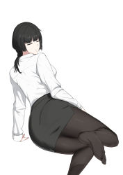 Rule 34 | 1girl, absurdres, black hair, black pantyhose, black skirt, closed eyes, closed mouth, copper, feet, foot out of frame, formal, hand on floor, highres, long hair, long sleeves, lying, no shoes, office lady, on side, original, pantyhose, pencil skirt, shirt, skirt, soles, solo, thighs, white background, white shirt