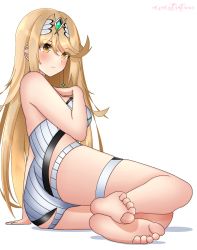 Rule 34 | 1girl, ahoge, alternate costume, artist name, ass, bare shoulders, barefoot, blonde hair, blush, breasts, circlet, earrings, eeveestrations, feet, female focus, highres, jewelry, large breasts, long hair, looking at viewer, matching hair/eyes, mythra (xenoblade), one-piece swimsuit, orange eyes, shiny clothes, shiny skin, sideboob, signature, sitting, skindentation, smile, solo, swimsuit, thigh strap, toes, very long hair, xenoblade chronicles (series), xenoblade chronicles 2, yellow eyes, yokozuwari