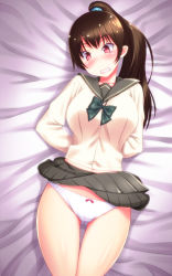 Rule 34 | 1girl, arms behind back, bed, blush, bow, bowtie, breasts, brown hair, clenched teeth, clothes lift, embarrassed, female focus, highres, large breasts, legs, long hair, looking down, lying, nabesekizaiten, panties, ponytail, red eyes, school uniform, skirt, skirt lift, solo, teeth, thighs, underwear, white panties