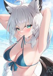 Rule 34 | 1girl, ahoge, animal ear fluff, animal ears, armpits, arms behind head, artist name, ayamy, bikini, bikini in mouth, blush, braid, braided ponytail, breasts, clothes in mouth, cloud, cloudy sky, commentary request, earrings, fox ears, fox girl, fox tail, green bikini, green eyes, hair between eyes, highres, hololive, jewelry, large breasts, long hair, looking at viewer, ocean, pentagram, shirakami fubuki, sidelocks, single braid, sky, solo, swimsuit, tail, virtual youtuber, wet, white hair
