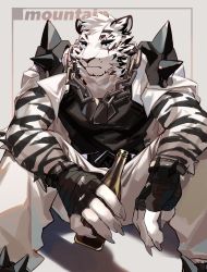 Rule 34 | 1boy, absurdres, animal ears, arknights, armor, bara, black gloves, black tank top, blue eyes, bottle, chain necklace, expressionless, feet out of frame, fingerless gloves, furry, furry male, gloves, highres, holding, holding bottle, kitai su, looking at viewer, male focus, mountain (arknights), muscular, necklace, pants, pauldrons, pectorals, scar, scar across eye, scar on face, short hair, shoulder armor, solo, spread legs, tank top, tiger boy, tiger ears, tiger stripes, white fur, white hair, white pants