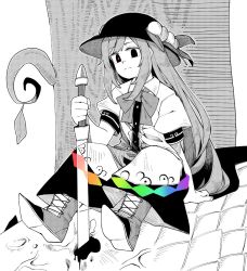 Rule 34 | 1girl, anarogumaaa, arm support, blood, boots, bow, bowtie, expressionless, female focus, food, fruit, full body, hat, hat leaf, hinanawi tenshi, leaf, long hair, looking at viewer, monochrome, monster, peach, pointy footwear, puffy short sleeves, puffy sleeves, rainbow order, scales, shoes, short sleeves, simple background, sitting, solo, spot color, sword of hisou, touhou, tree, white background
