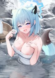 Rule 34 | 1girl, animal ears, blue archive, blue halo, blush, breasts, cleavage, collarbone, cup, extra ears, fang, green hair, hair between eyes, halo, highres, holding, holding cup, large breasts, medium hair, naked towel, neko lu (wofud453), official alternate costume, onsen, open mouth, partially submerged, purple eyes, shigure (blue archive), shigure (hot spring) (blue archive), smile, solo, tail, towel, water, weasel ears, weasel tail, white towel