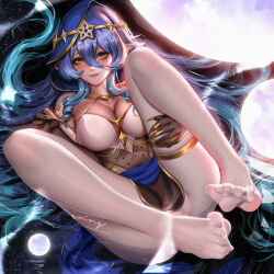 Rule 34 | 1girl, alternate breast size, blue hair, breasts, claw ring, cleavage, full moon, genshin impact, hair between eyes, large breasts, layla (genshin impact), liang xing, long hair, looking at viewer, moon, paid reward available, pointy ears, signature, solo, very long hair, yellow eyes