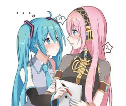 Rule 34 | !?, ..., 2girls, ahoge, amulet, apple inc., aqua eyes, aqua hair, aqua nails, aqua necktie, armband, bare shoulders, black dress, black sleeves, blue nails, blush, closed mouth, detached sleeves, dress, gold trim, grey shirt, hair ornament, hairband, hatsune miku, headphones, holding, holding another&#039;s arm, holding pen, holding tablet pc, light blush, long hair, looking at another, megurine luka, multiple girls, nail polish, necktie, pen, shirt, shoulder tattoo, sleeveless, sleeveless shirt, speech bubble, surprised, tablet pc, tattoo, translated, tsukiringo, twintails, upper body, very long hair, vocaloid, white background
