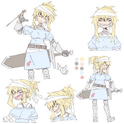 Rule 34 | 1girl, absurdres, armored boots, bandaged head, bandages, bandaid, bandaid on face, belt, blonde hair, blue dress, boots, character sheet, color guide, dress, earrings, female focus, flat color, gauntlets, grin, hair bun, highres, holding, holding knife, jewelry, knife, masikakuma, messy hair, off-shoulder dress, off shoulder, open mouth, original, sharp teeth, sheath, sheathed, single hair bun, smile, solo, sword, teeth, weapon