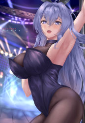 Rule 34 | 1girl, animal ears, arm up, armpits, azur lane, black pantyhose, blue eyes, blue hair, blue leotard, blush, breasts, covered navel, crossed bangs, fake animal ears, from side, highres, large breasts, leotard, long hair, looking at viewer, looking to the side, new jersey (azur lane), new jersey (exhilarating steps!) (azur lane), official alternate costume, open mouth, pantyhose, patreon username, playboy bunny, pole, rabbit ears, sleeveless, smile, solo, stripper pole, zynxy