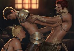 Rule 34 | 3boys, abs, animal collar, animal ears, armor, au ra, bara, black hair, blonde hair, collar, final fantasy, final fantasy xiv, horns, large pectorals, leash, looking at another, male focus, miqo&#039;te, multiple boys, muscular, muscular male, navel, nipples, paid reward available, pauldrons, pectorals, penguin frontier, red hair, short hair, shoulder armor, smile, teeth, tongue, tongue out, topless male, warrior of light (ff14), yaoi