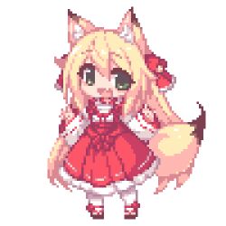 Rule 34 | 1girl, animal ear fluff, animal ears, commentary request, dress, fang, fox ears, fox girl, fox tail, full body, green eyes, hair between eyes, hands up, kinomiki nobori, long sleeves, lowres, maid, open mouth, original, pixel art, red dress, skin fang, solo, tail, transparent background, wa maid