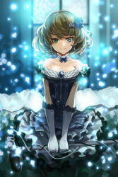 Rule 34 | 10s, 1girl, bare shoulders, black pantyhose, blue bow, blue bowtie, blue eyes, blue flower, blue rose, blurry, bow, bowtie, breasts, brown hair, cable, closed mouth, cowboy shot, depth of field, detached collar, dress, earrings, flower, frilled dress, frills, gem, gloves, glowing, goomrrat, green eyes, hair flower, hair ornament, heterochromia, holding, idolmaster, idolmaster cinderella girls, jewelry, light particles, looking at viewer, microphone stand, mole, mole under eye, off-shoulder dress, off shoulder, pantyhose, rose, shade, short hair, smile, solo, takagaki kaede, v arms