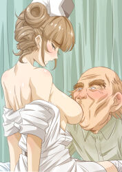 Rule 34 | 1boy, 1girl, age difference, breast sucking, breasts, breasts out, brown eyes, brown hair, closed eyes, clothed sex, clothes, hat, jewelry, kosokosomaru (higashi taishi), medium breasts, nurse, nurse cap, old, old man, older man and younger girl, open mouth, original, short hair